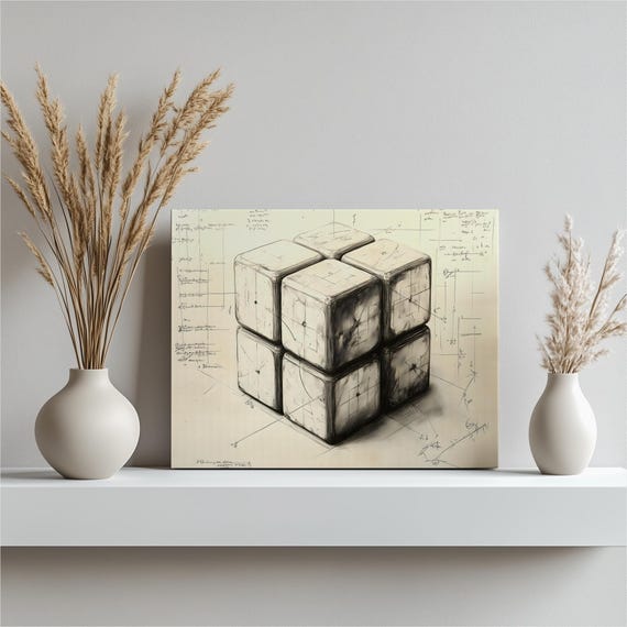 Puzzle Cube Sketch Canvas Wall Art Geometric Blueprint Drawing With Engineering Notes Study For Office Decor And Science Lovers