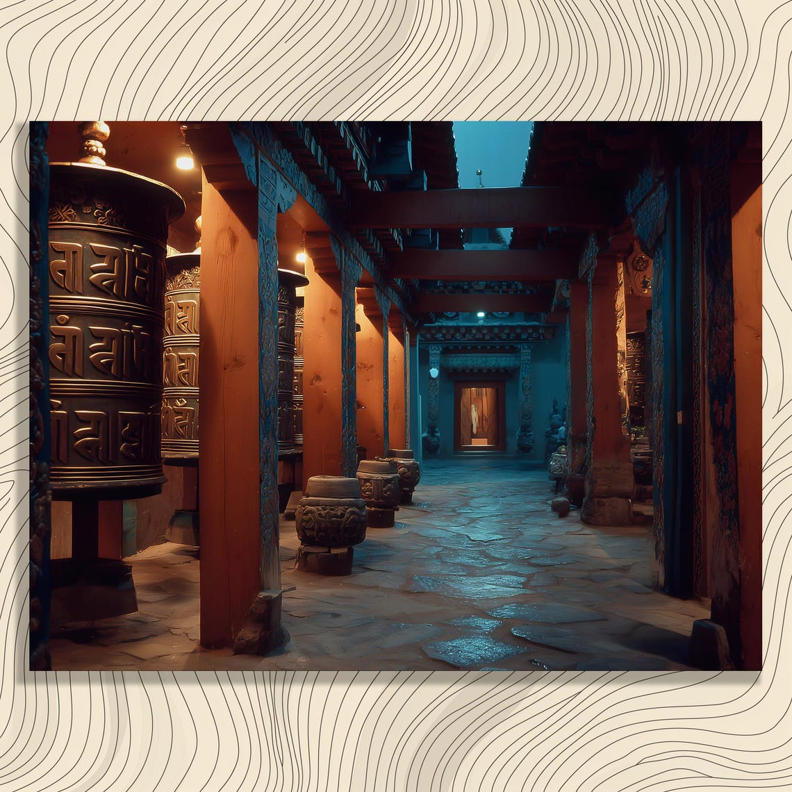 Tibetan Temple Prayer Wheels Corridor at Dusk Spiritual Wall Art