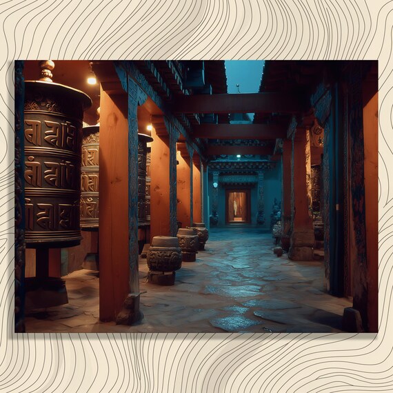 Temple Corridor Lanterns Canvas Wall Art Tibetan Prayer Wheel Spiritual Meditation Architecture Lantern Lighting Dark Moody