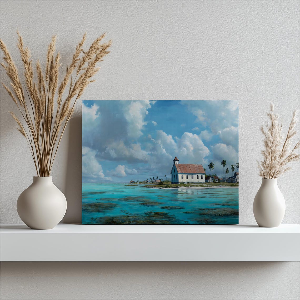 Tropical Island Chapel on Turquoise Shore Palm Paradise Wall Art