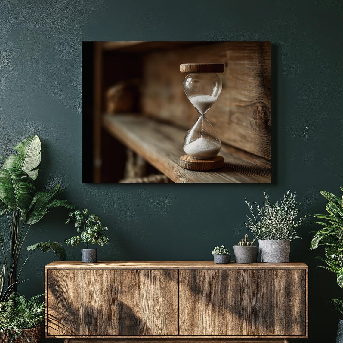 Vintage Hourglass Sand Timer Poster Rustic Wooden Still Life Decor