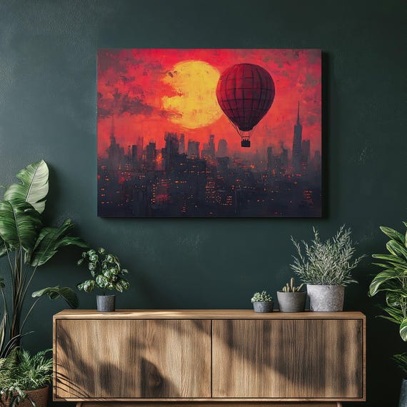 Hot Air Balloon Over Red Sunset City Skyline Canvas Wall Art