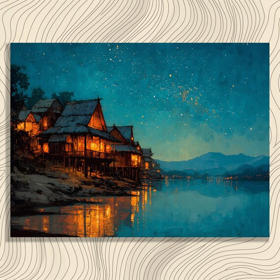 Starry Riverside Village Canvas Wall Art Night Water Reflections Lantern Glow Rustic Decor Dark Sky Blue Teal Painting