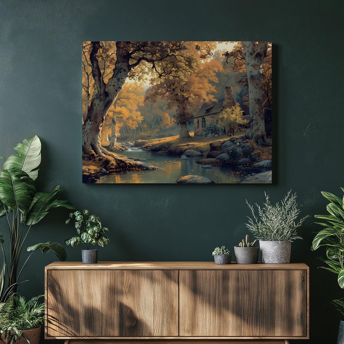 Autumn Forest Cabin Stream Canvas Print Golden Fall Cottage Oil Painting