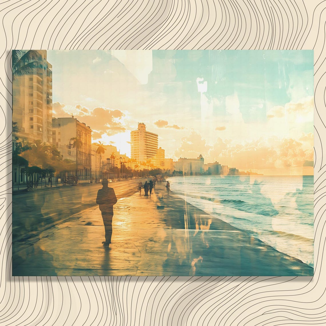 Sunset Beach Promenade Coastal Boardwalk Cityscape Watercolor Poster