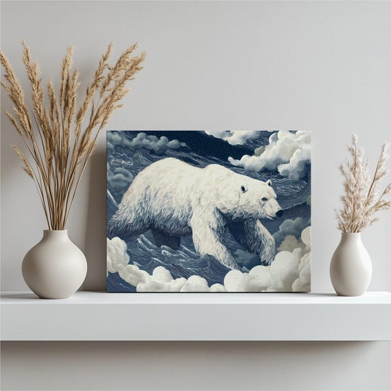 Polar Bear Canvas Wall Art Minimal Line Decor Print Arctic Animal Nordic Wildlife Home Snow Scene Landscape