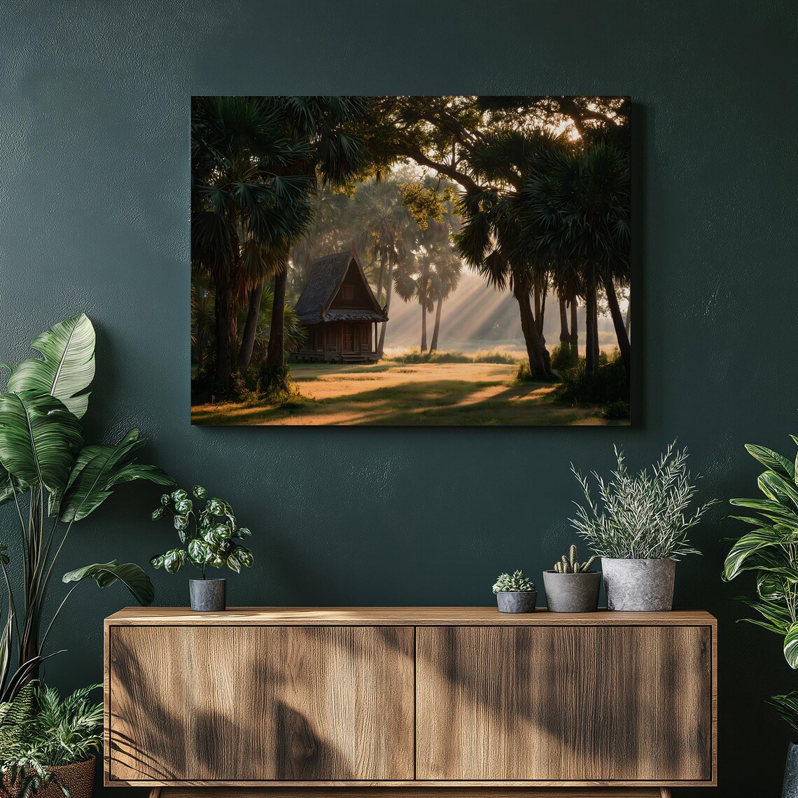 Sunbeams Through Palm Trees Tropical Thatched Hut Canvas Painting Wall Art