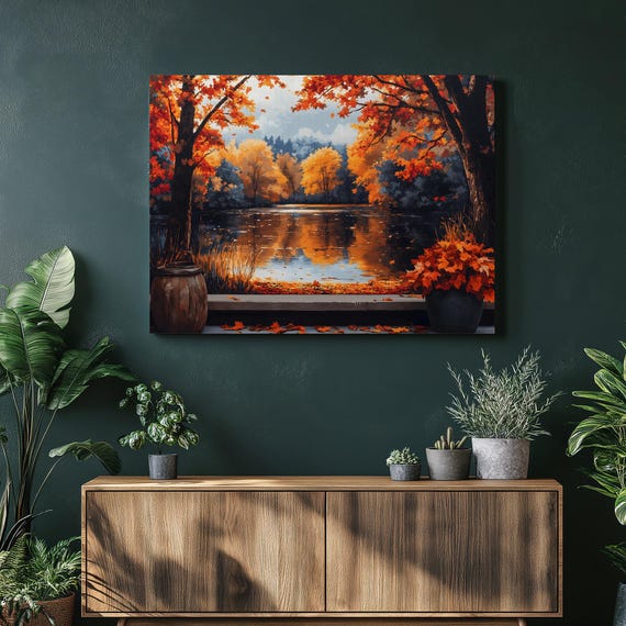 Autumn Lake Fiery Fall Foliage Mirror Reflection Forest Landscape Poster