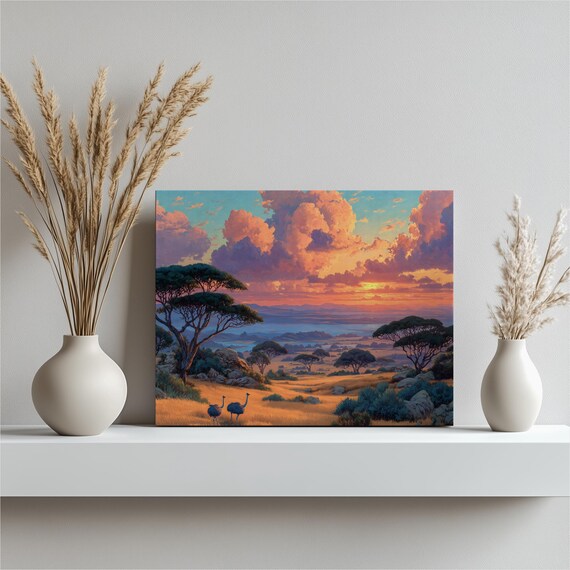Golden Savanna Sunset With Acacia Trees And Ostriches Wall Art