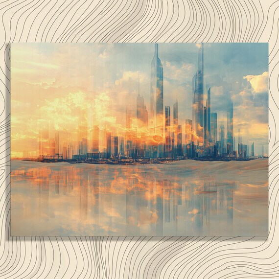 Surreal Cityscape Canvas Wall Art Vibrant Sunset Mirage Skyline Reflection Modern Skyscraper Architecture Print For Home Decor