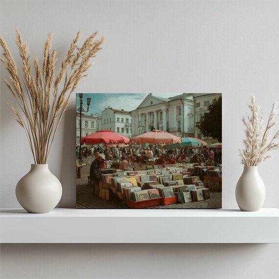 European Vinyl Record Market Retro Street Photography Art Poster