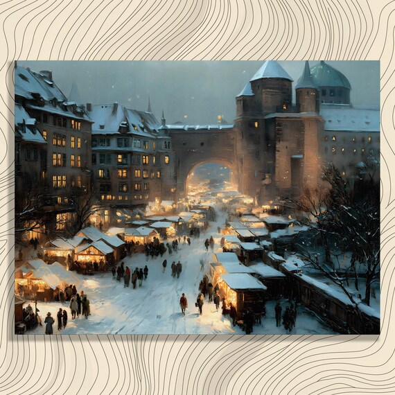 European Christmas Market Snowy Old Town Glowing Stalls Wall Art