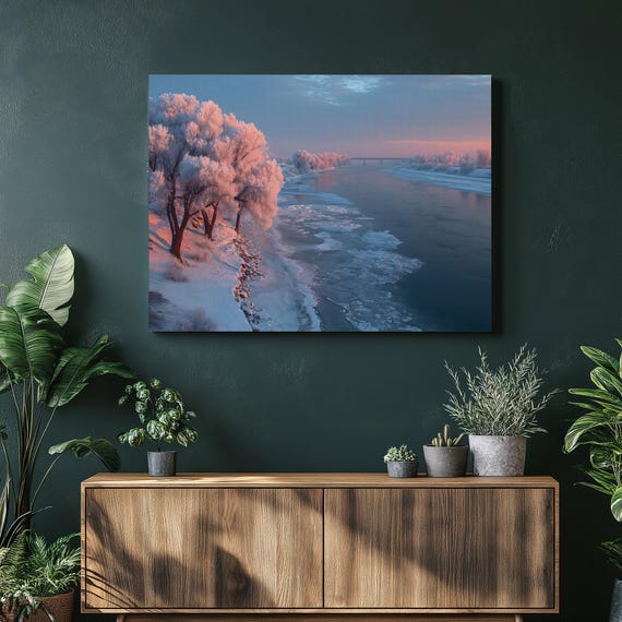 Winter River Sunrise Canvas Wall Art Frozen Minimalist Decor Frosty Trees Photo Snowy Scenery Pastel Sky Morning Light Landscape