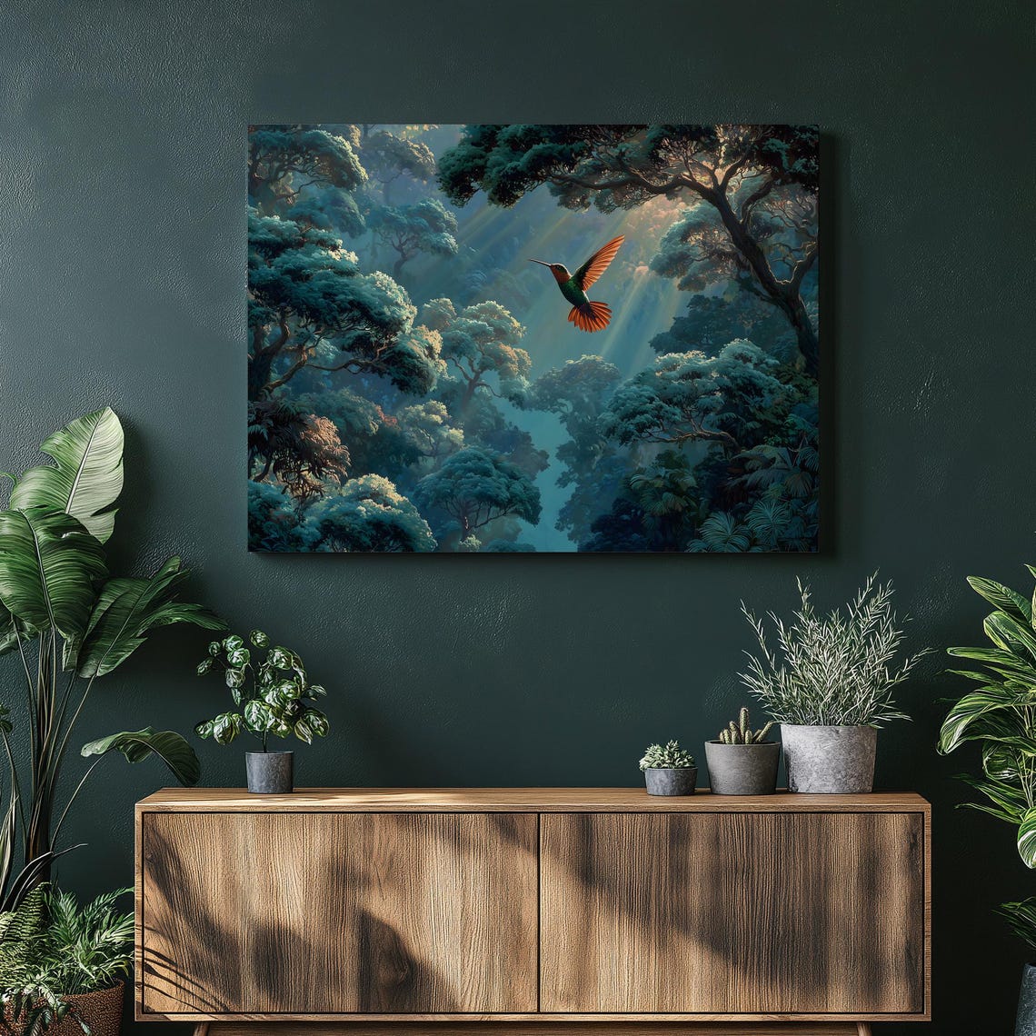 Hummingbird Soaring Over Sunlit Rainforest Canopy Wildlife Poster