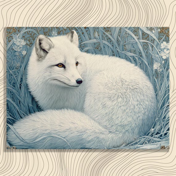 Arctic Fox Canvas Wall Art Winter Wildlife Design In Modern Floral Line Drawing Illustration Of Nature Print On White