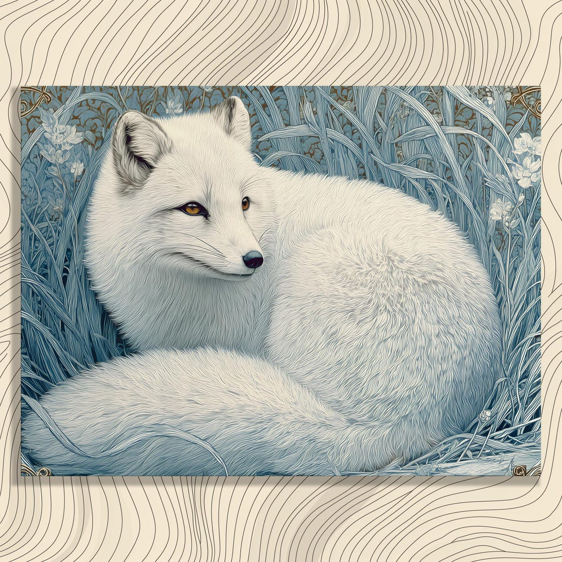 Arctic Fox Curled in Blue Grasses Winter Wildlife Art Poster