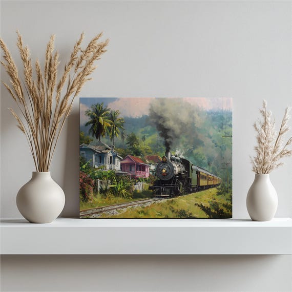 Tropical Steam Train Canvas Wall Art Vintage Locomotive Decor Jungle Print Engine Landscape Gift Railroad