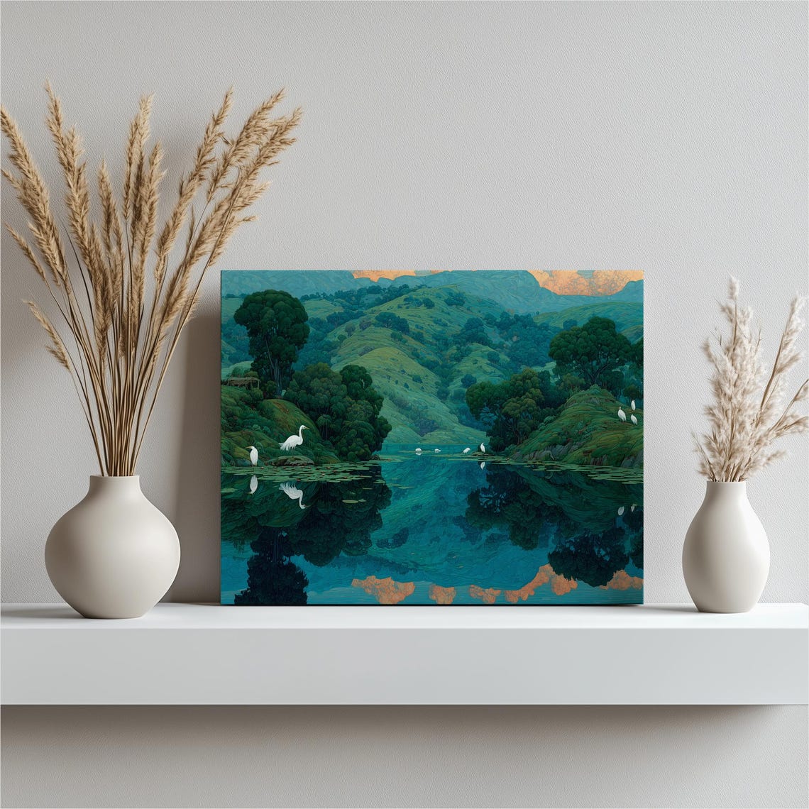 Serene Lake Hills Canvas Wall Art Heron Sunset Landscape Nature Decor