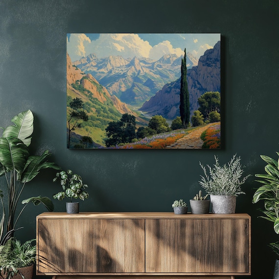 Argentina Colorful Mountain Valley Cypress Wildflower Path Landscape Poster
