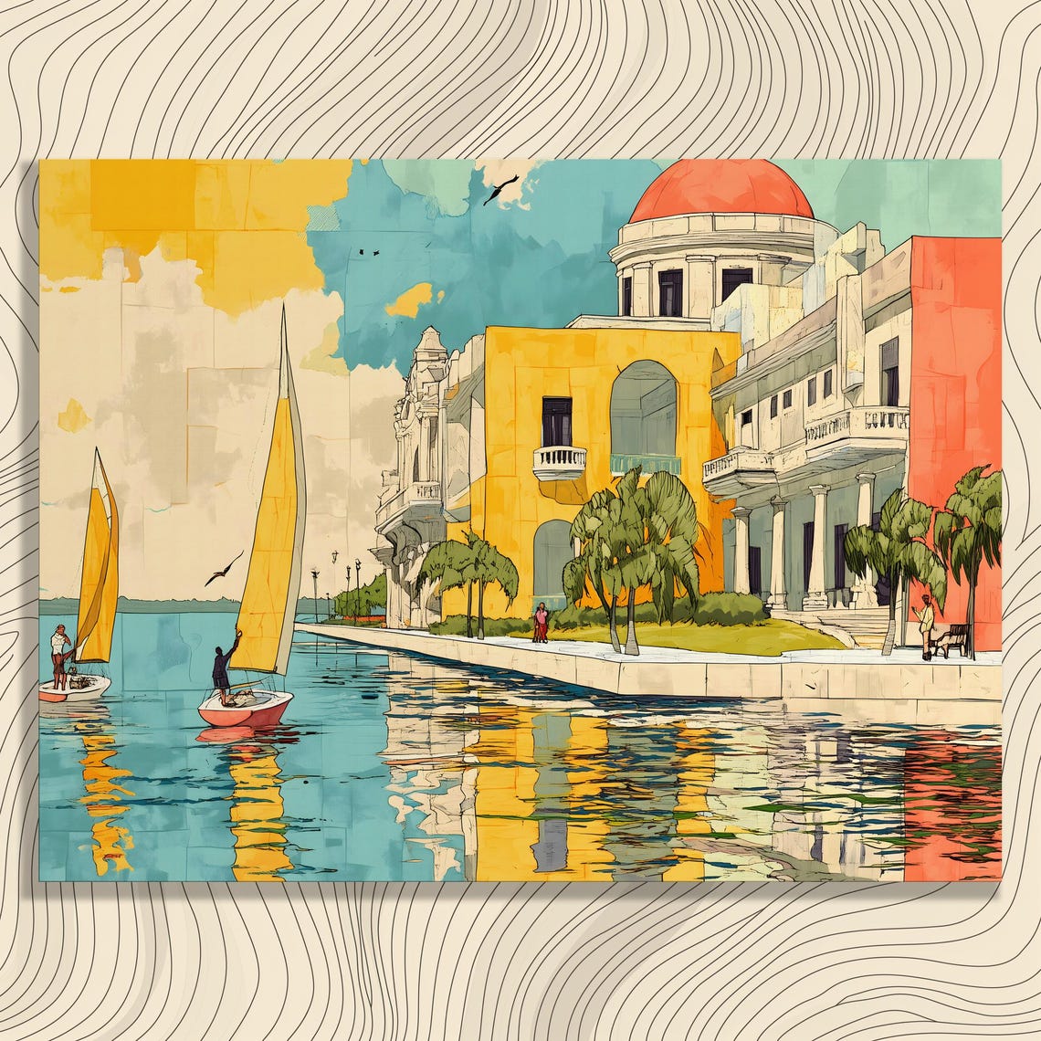 Coastal Sailboats Waterfront Watercolor Nautical Travel Wall Poster