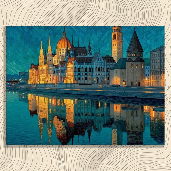 Vibrant Historic Riverfront Canvas Wall Art Modern Urban Skyline Print With Reflective Waters Under Starry Night Sky Travel Decor
