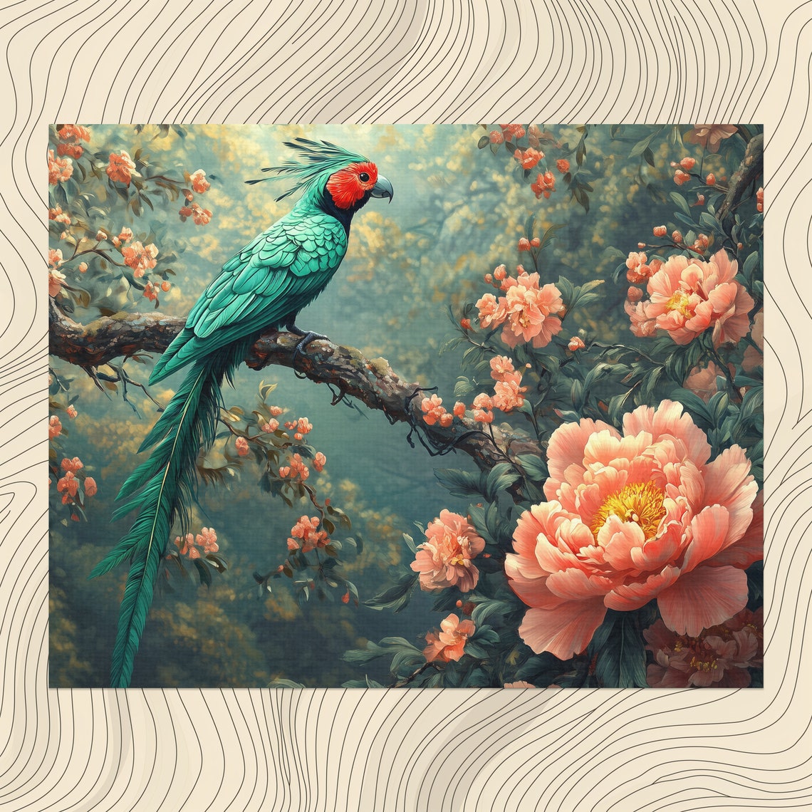 Resplendent Quetzal Perched Among Pink Peonies Botanical Art Poster