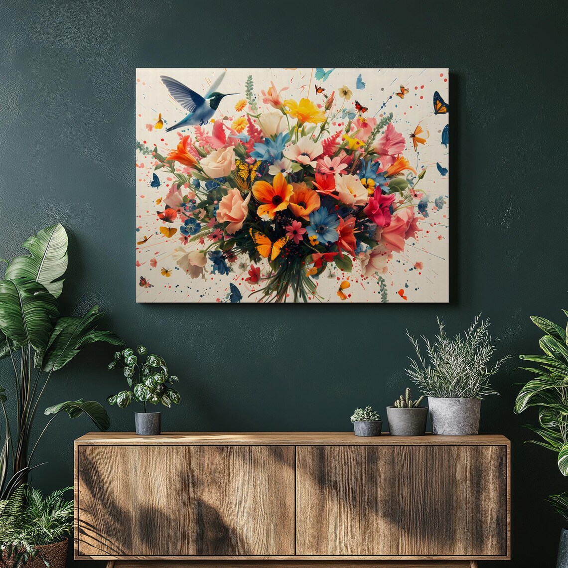 Floral Bouquet Hummingbird Butterflies Watercolor Splash Wall Art