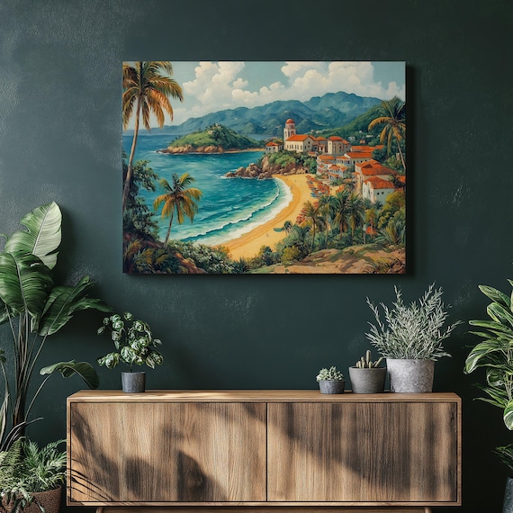 Tropical Seaside Town Sandy Beach Bay Palms Coastal Village Painting Poster
