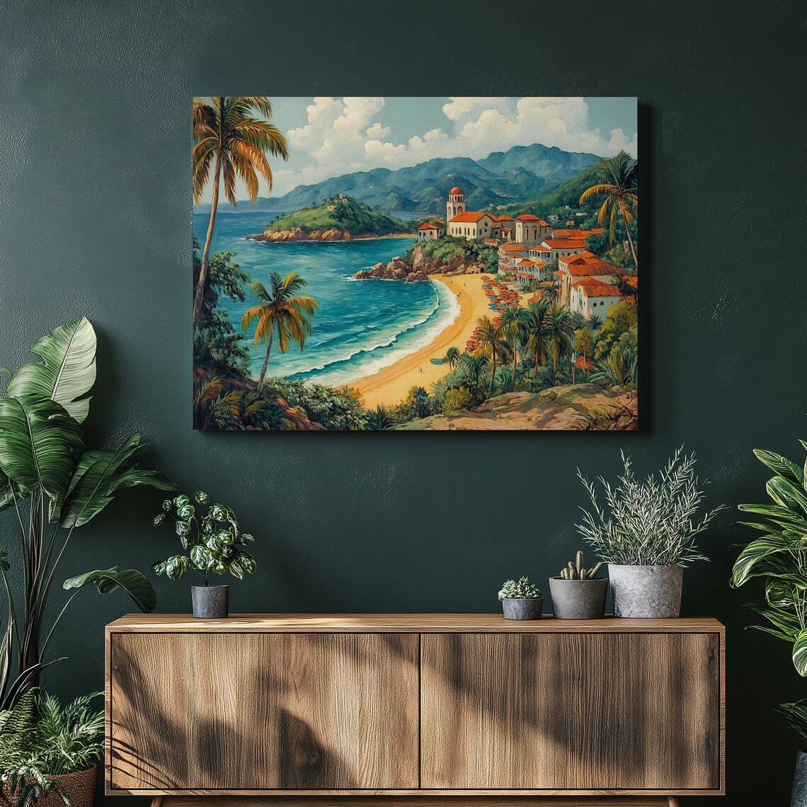 Tropical Seaside Town Sandy Beach Bay Palms Coastal Village Painting Poster