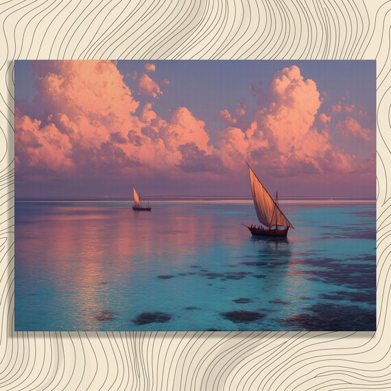 Dhow Sailboats Canvas Wall Art Tropical Sunset Seascape With Turquoise Water Coral Reef And Pastel Clouds Coastal Ocean Print Home Decor