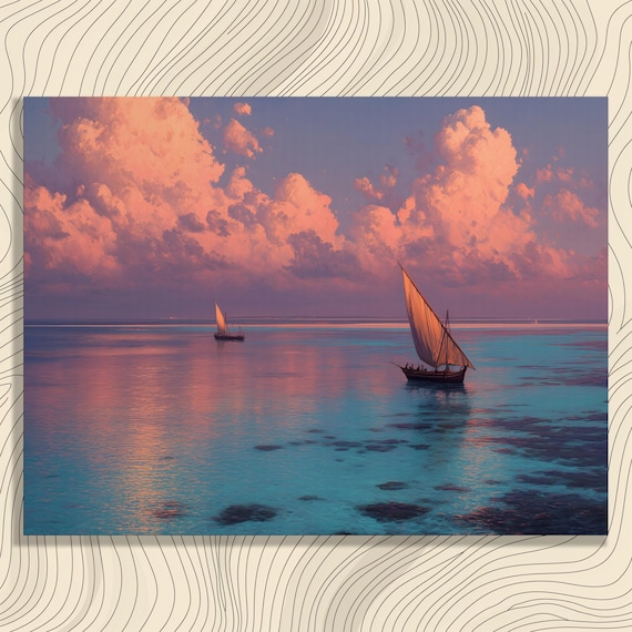 Dhow Sailboats Sunset Calm Turquoise Sea Pink Clouds Wall Art