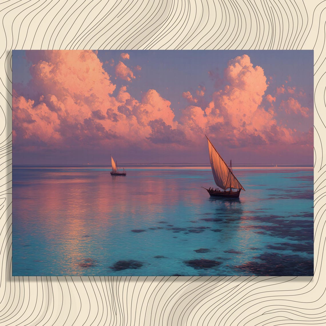 Dhow Sailboats Sunset Calm Turquoise Sea Pink Clouds Wall Art