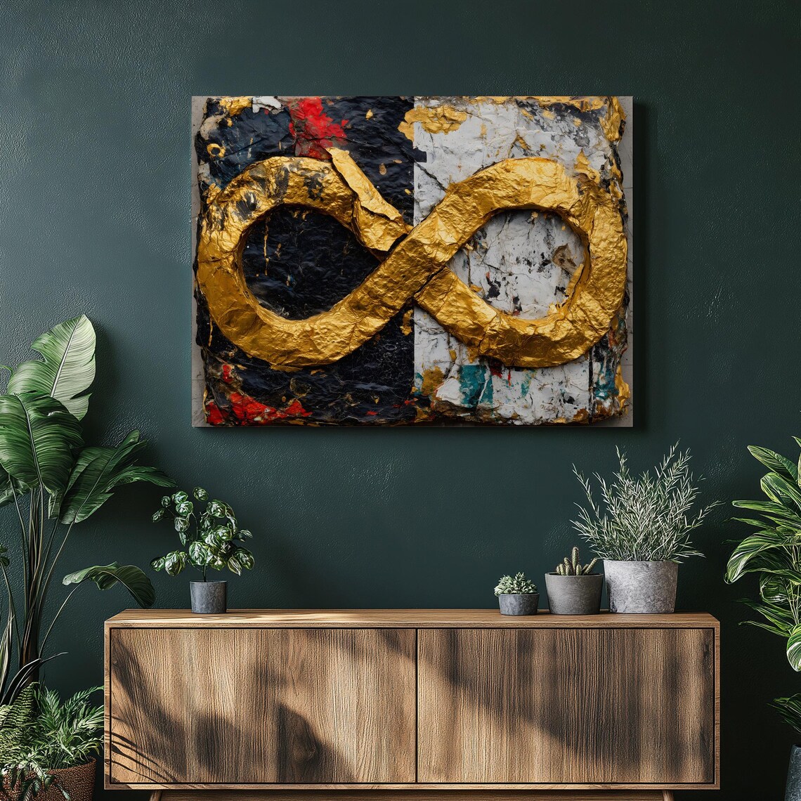 Gold Infinity Symbol Canvas Wall Art Abstract Monochrome Mixed Media Geometric Metallic Finish Red Teal Paint Splatter Modern Decor