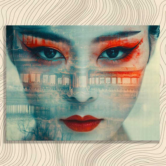 Surreal Portrait Canvas Wall Art Asian Architecture Fusion Modern Print Unique Home Decor For Collectors And Designers