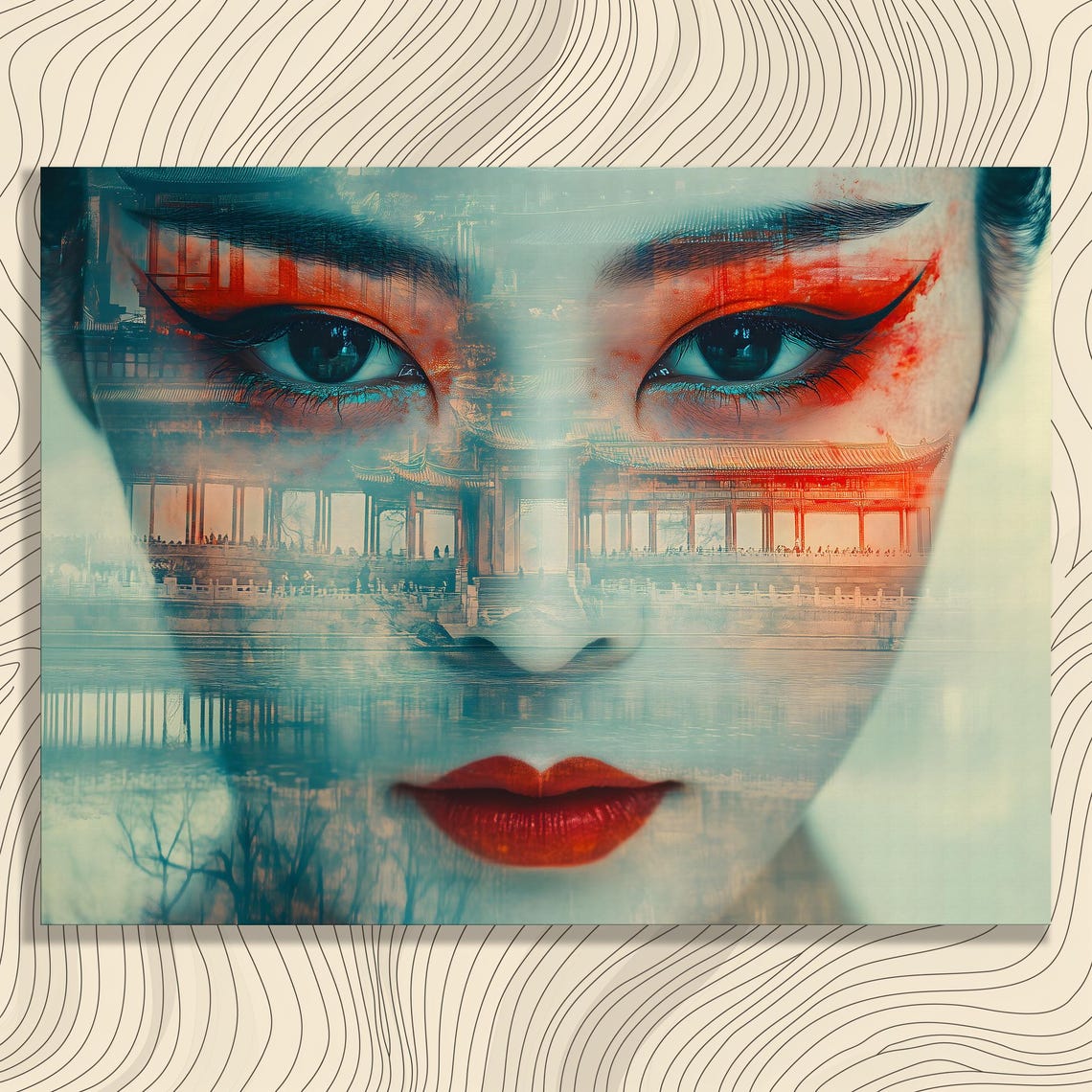 Surreal Woman Face Asian Palace Architecture Double Exposure Poster
