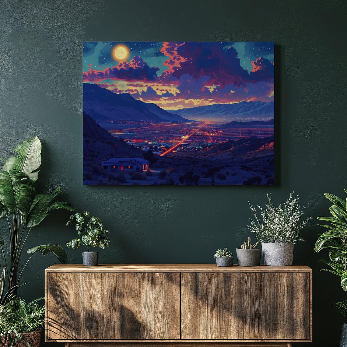 Nevada Desert City Night Lights Moon Mountains Landscape Poster