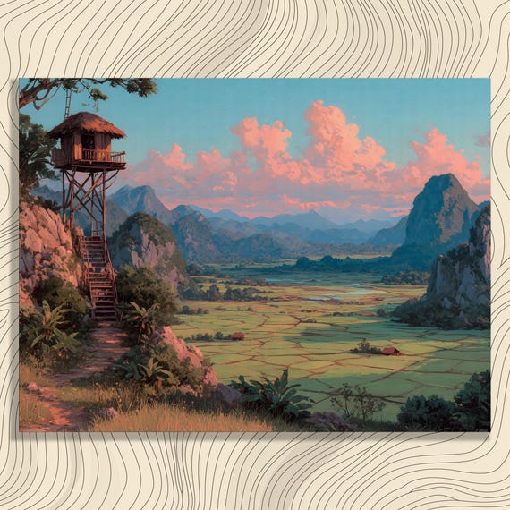 Tropical Rice Field Canvas Wall Art Asian Landscape Print Terrace Nature Scenic Painting Jungle Cabin Retreat Decor