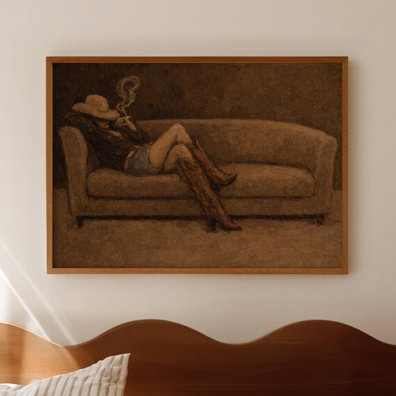 Abstract Cowgirl Woman In Sofa Khaki Oil Painting Print Horizontal Maximalist Wall Art Handdrawn Textured Midcentury Modern Western Poster