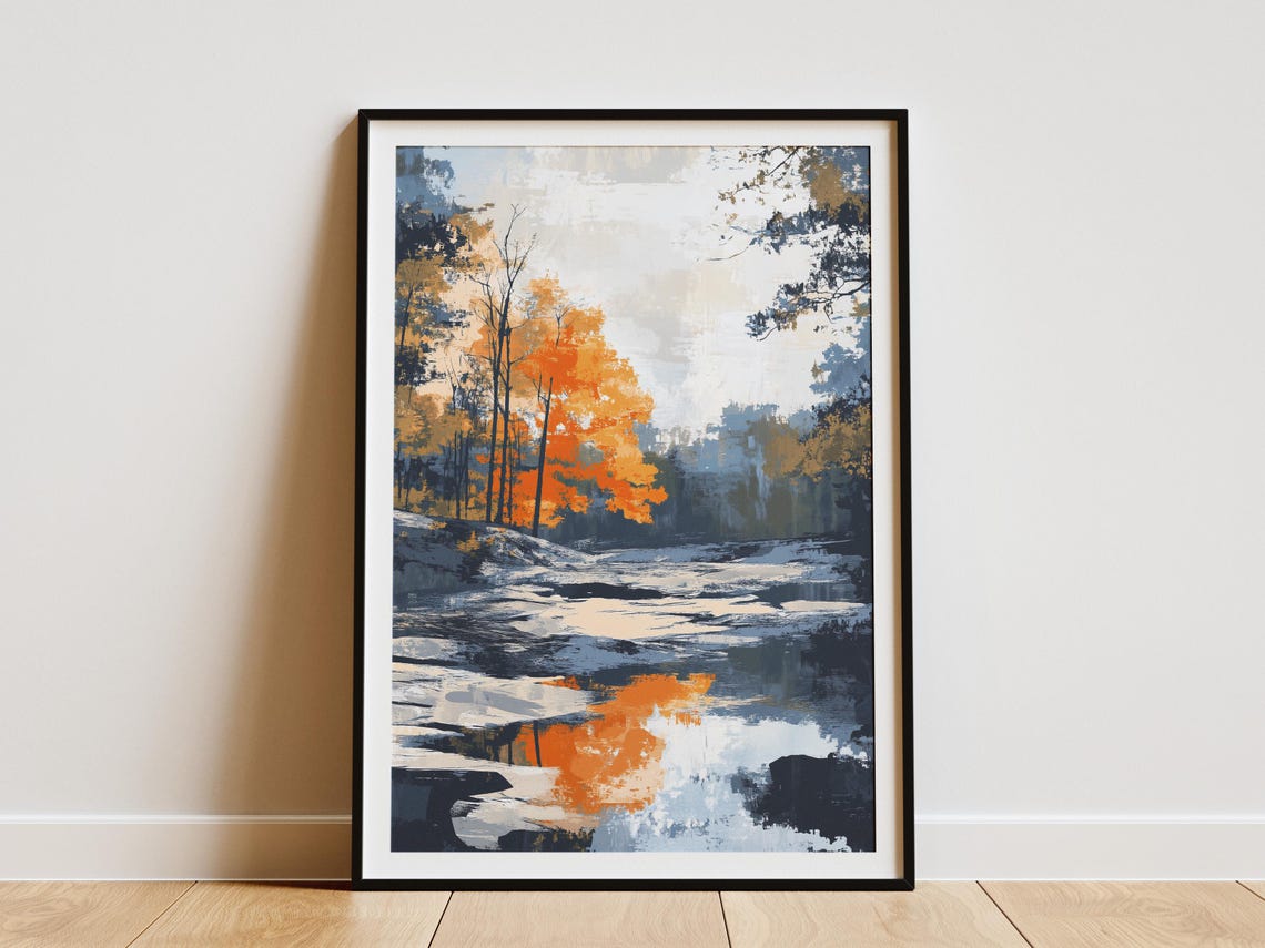 Cuyahoga Valley Ohio Autumn River Orange Tree Reflection Art Poster