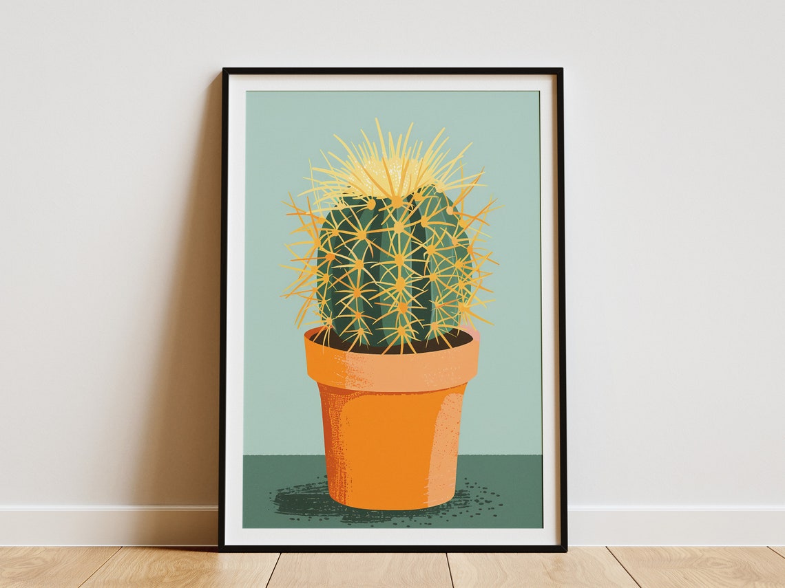 Golden Barrel Cactus Terracotta Pot Sunny Desert Minimalist Poster
