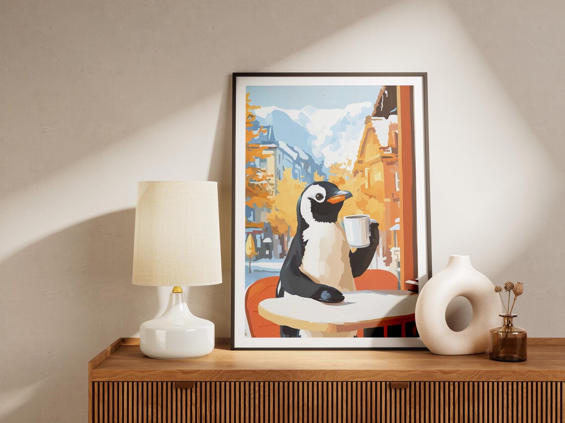 Penguin Cafe Coffee Art Print, Cozy Animal Illustration - Image 4
