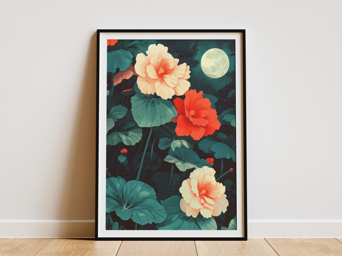 Peach Red Begonia Blooms Under a Full Moon Night Garden Poster