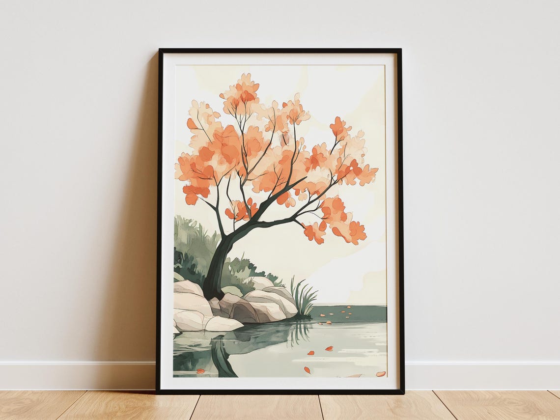 Japanese Cherry Blossom Tree by Pond Watercolor Sakura Art Poster