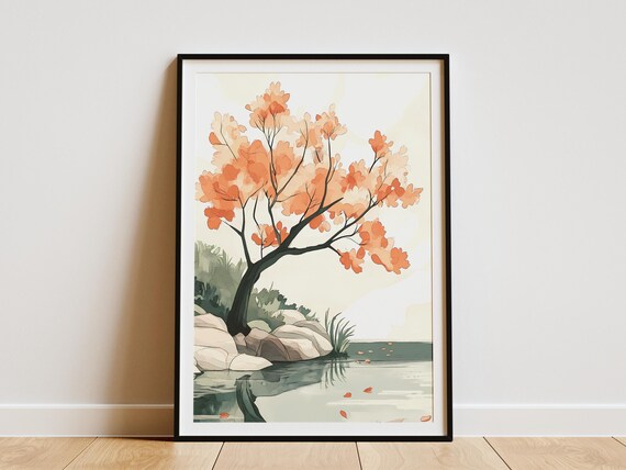 Japanese Cherry Blossom Tree by Pond Watercolor Sakura Art Poster