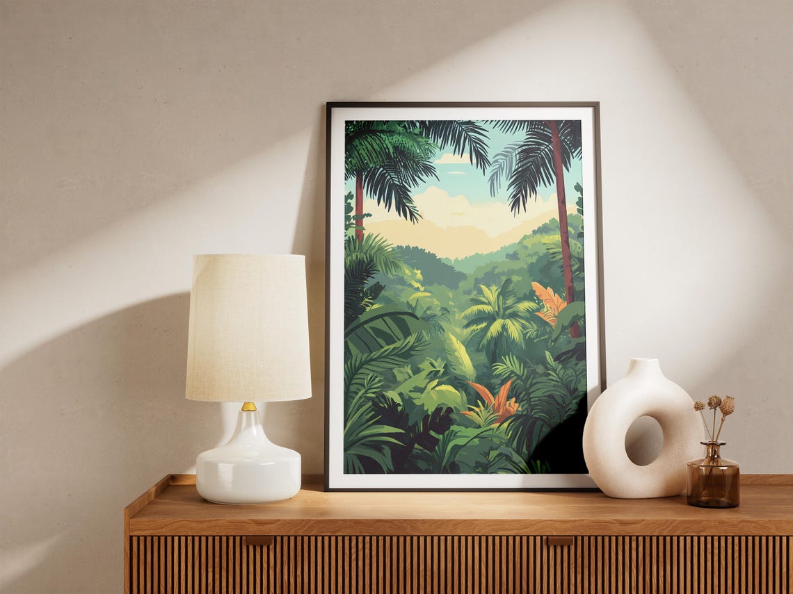 Lush Tropical Rainforest with Palm Trees Illustration Art Poster - Image 5
