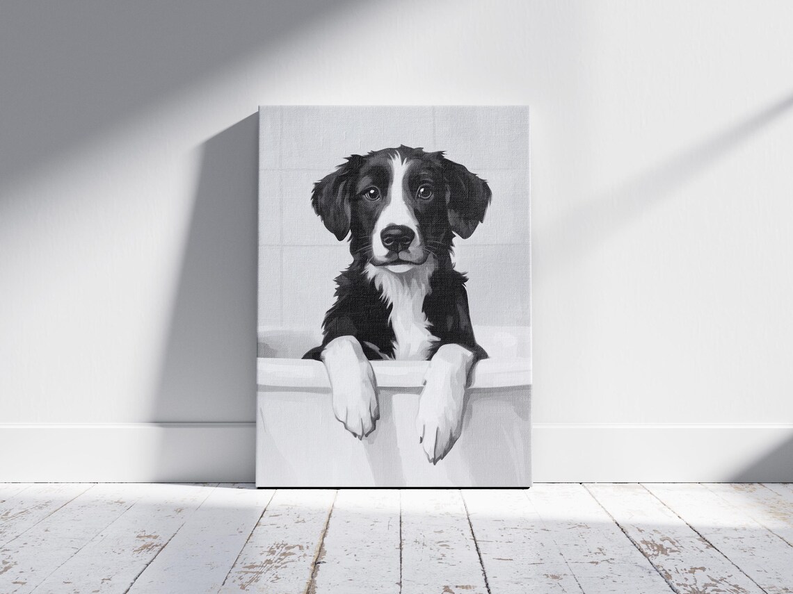 Border Collie Puppy In A Bathtub Black And White Puppy Art Poster - Image 2
