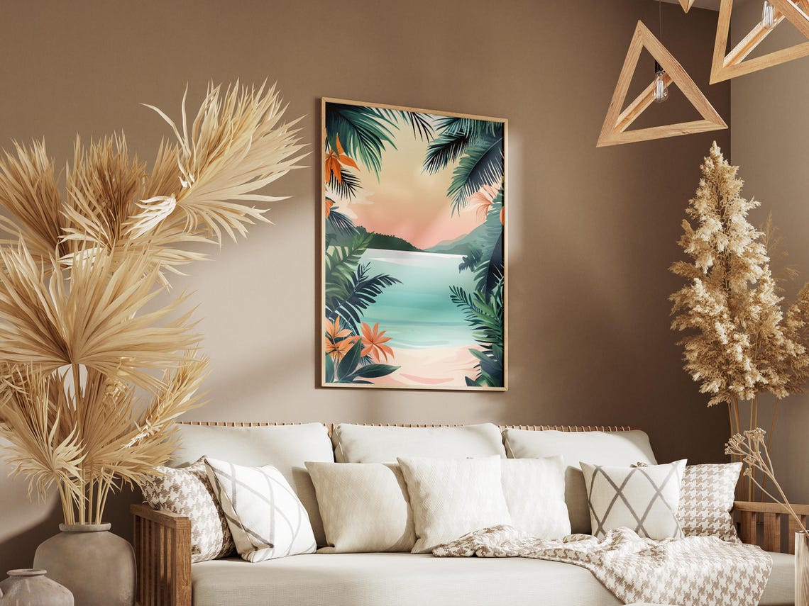 Tropical Sunset Bay Palm Fronds Pink Sky Ocean Illustration Poster - Image 3