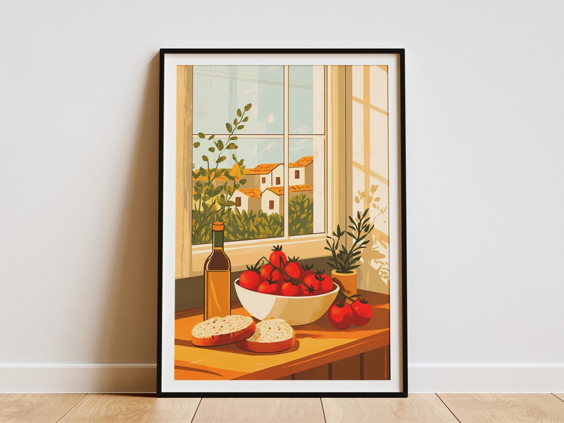Mediterranean Window Tomatoes Bread Olive Oil Village View Poster