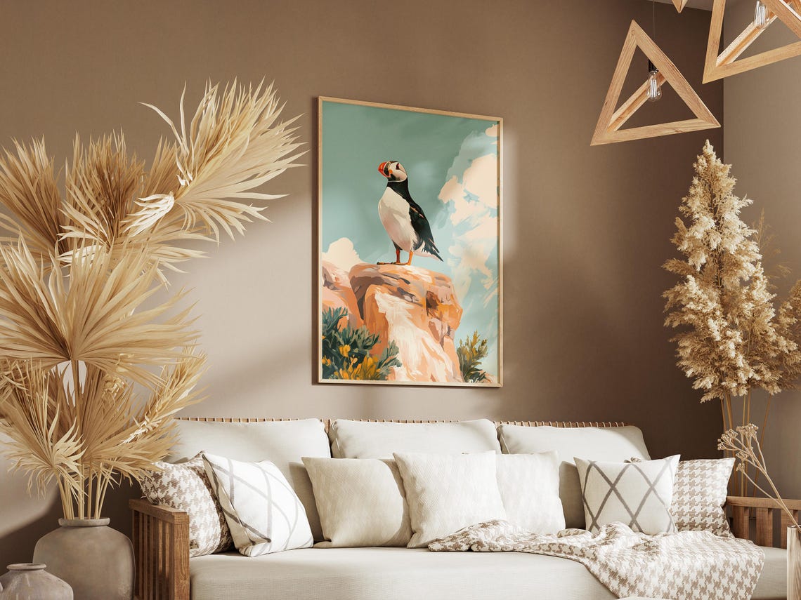 Puffin on Seaside Rocks Under a Teal Sky Coastal Bird Poster - Image 3