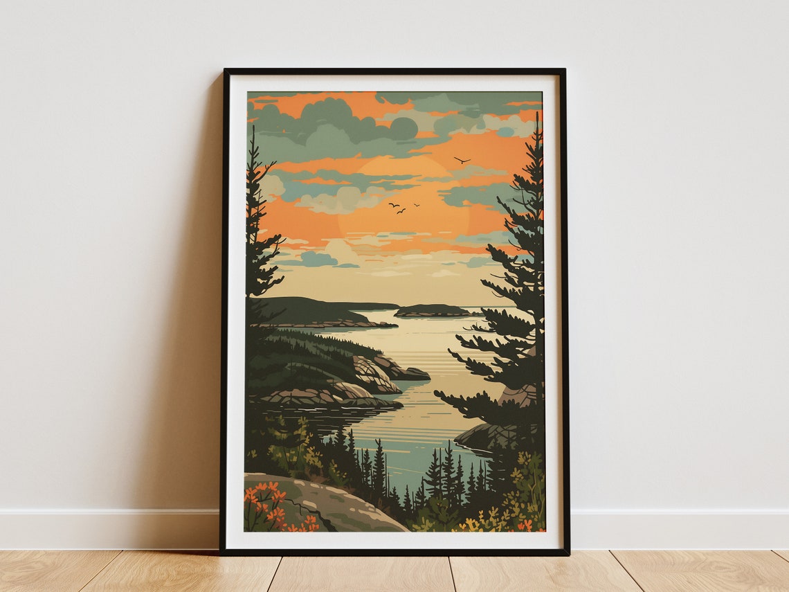 Sunset Lake Islands Framed by Dark Pine Forest Landscape Poster